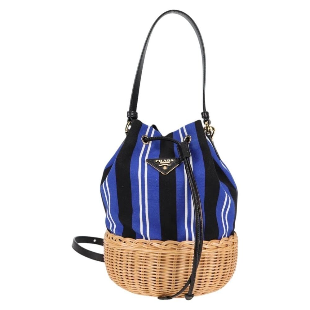 Prada Rattan Handbag Canvas Blue Gold 1bh115